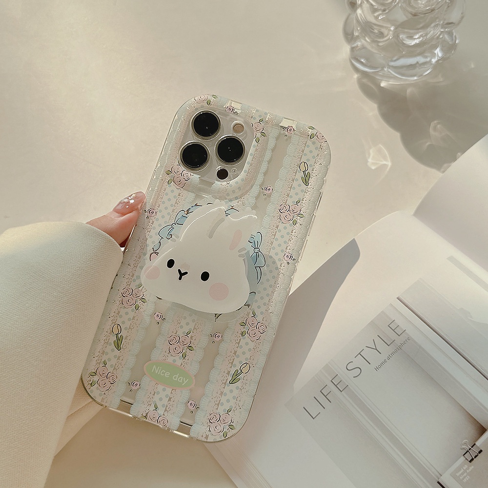 IPHONE Ins Lucu Renda Kelinci Kartun Dengan Rabbit Holder Silicone Case Untuk Iphone14 11 12 13 PRO MAX Casing Cover Pelindung AT0109