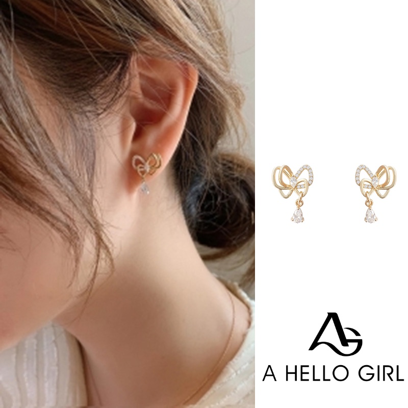 Anting Giwang Alloy Model Pita Dengan Kristal + Berlian Imitasi Warna Emas Untuk Wanita