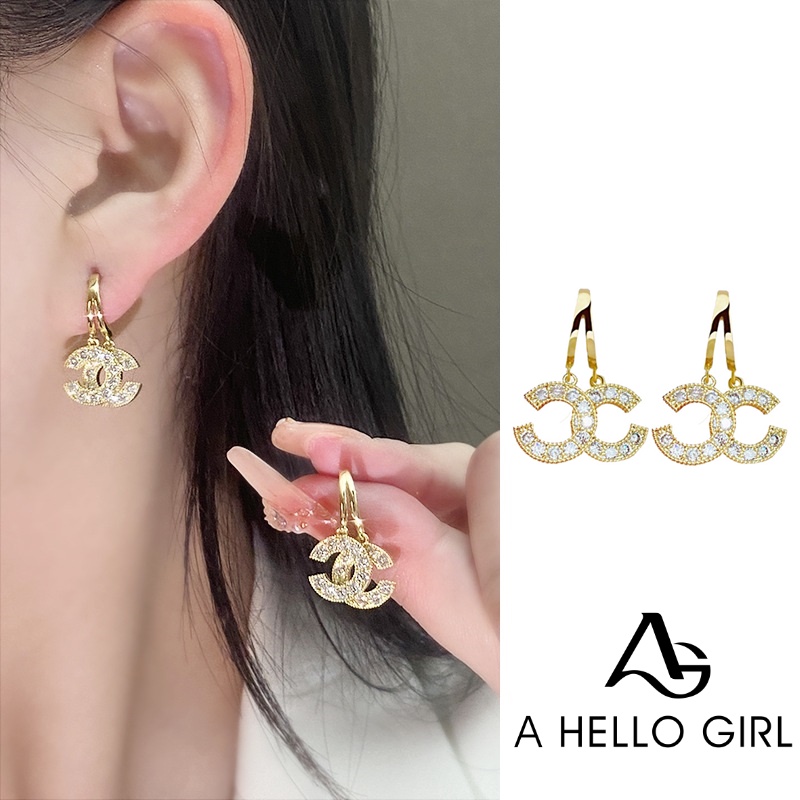 S925 Jarum Perak Temperamen Korea Gaya Wanita Micro Hias Zirkon Ganda C Anting