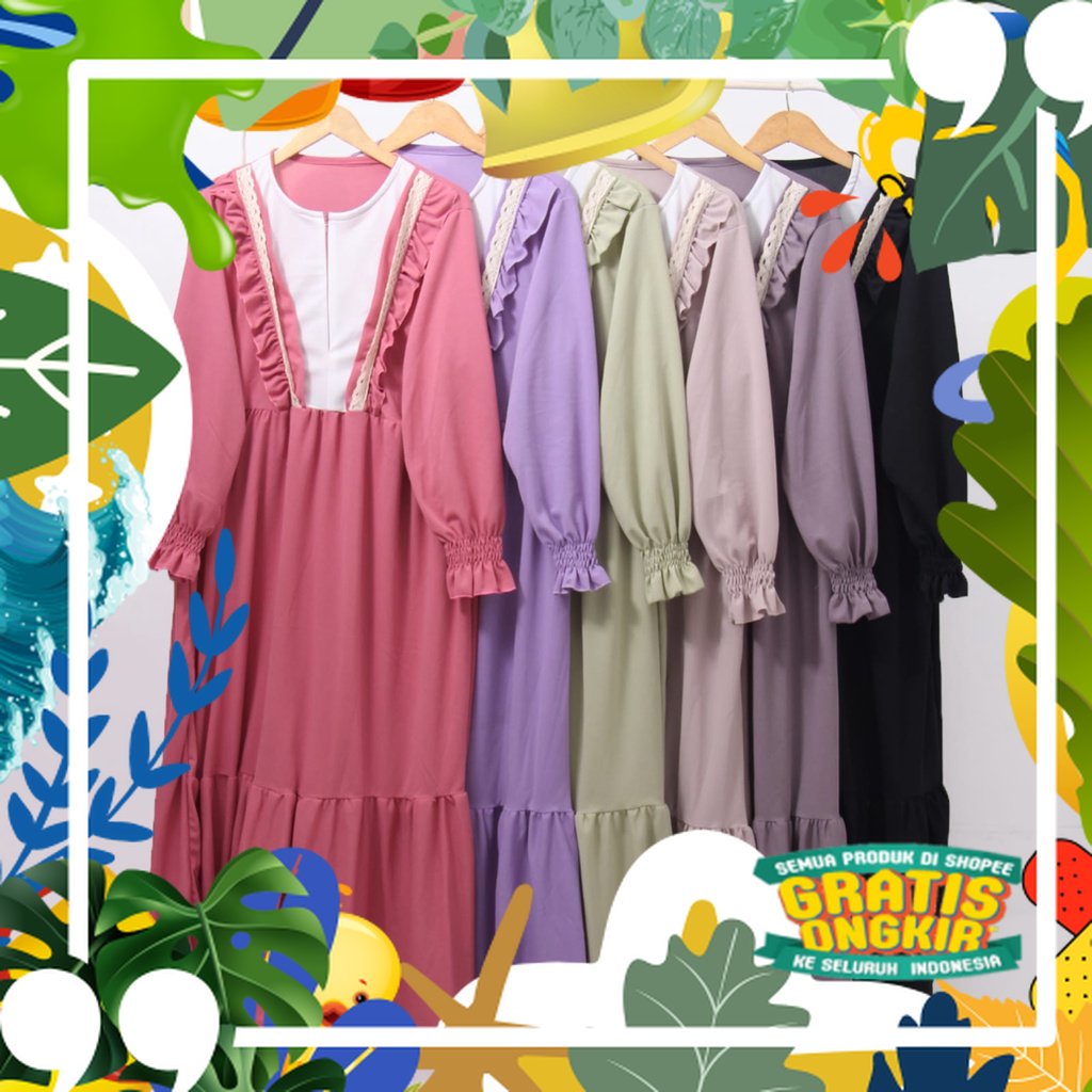 Gamis busui ruffle dada renda rempel 2 susun lengan smoked bahan voxy premium merk hf (168)/ solat s