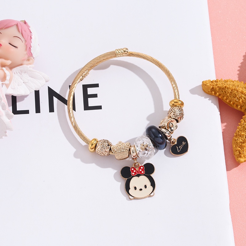 XiaoboACC Kartun Stitch Mickey Minnie Liontin Stainless Steel Terbuka Dapat Disesuaikan DIY Gelang