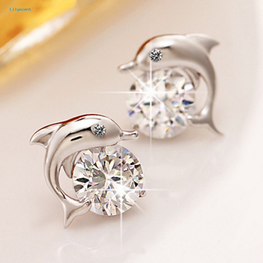 Lilyscent Lucu Dolphin Perak Disepuh Cubic Zirconia Hias Telinga Stud Wanita Anting Perhiasan