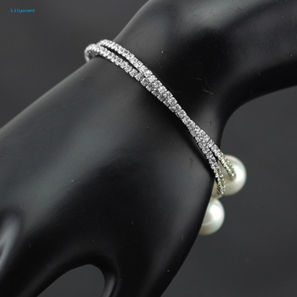 Lilyscent Wanita Penuh Berlian Imitasi Multi-layer Gelang Pergelangan Tangan Mutiara Imitasi Cuff Open Bangle