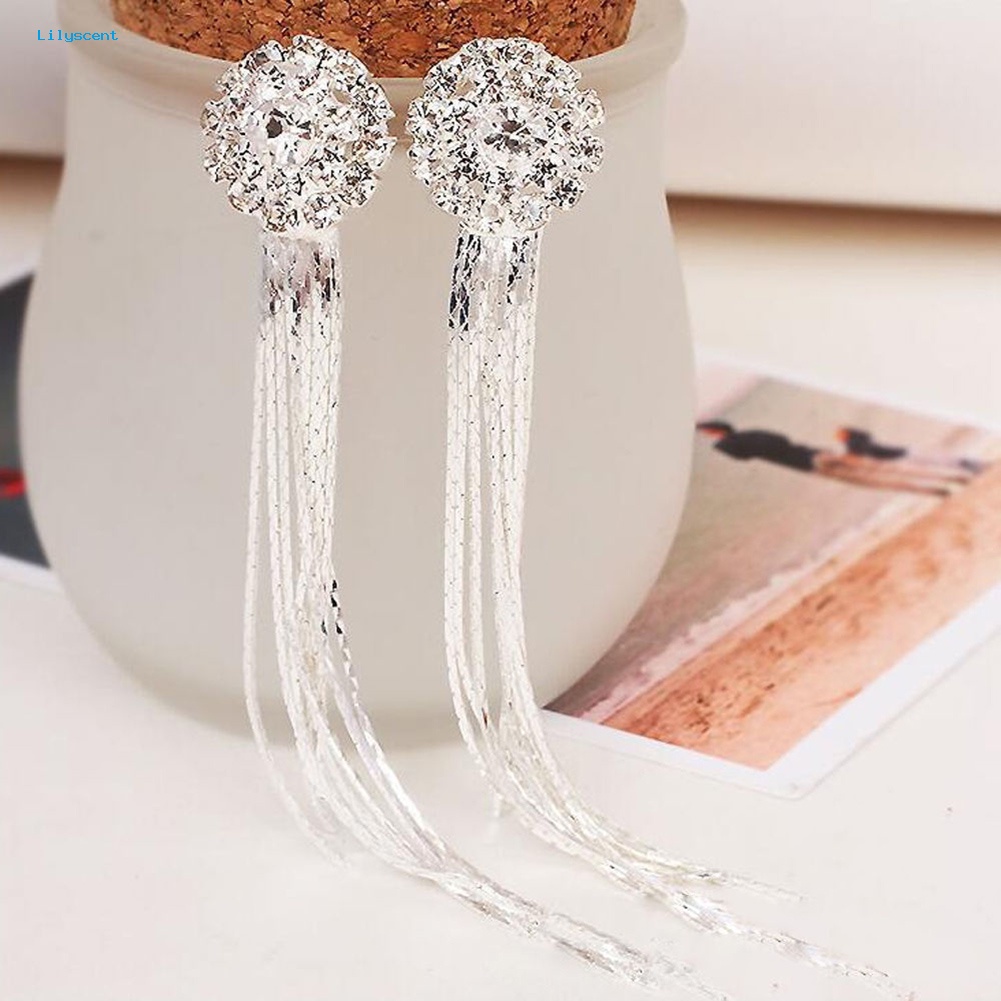 Lilyscent Wanita Berlian Imitasi Mengkilap Panjang Rumbai Menjuntai Stud Earrings Fashion Pengantin Perhiasan