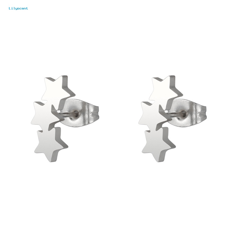 Lilyscent Chic Triple Star Ear Studs Stainless Steel Anting Wanita Tindik Perhiasan Pesona