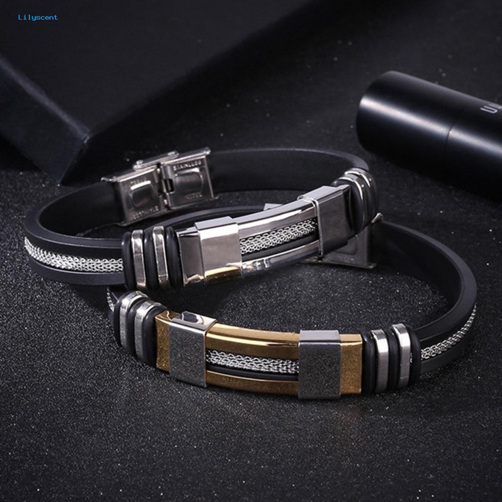 Lilyscent Gelang Tangan Silikon Untuk Kehidupan Sehari-Hari Pria Kawat Stainless Steel Gelang Lebar Kawat Anti Karat