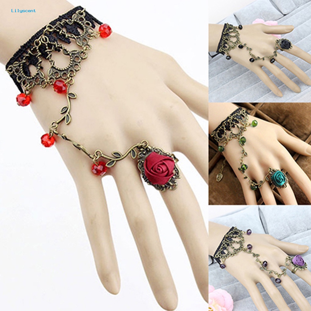 Lilyscent Retro Gothic Wanita Renda Bunga Tangan Budak Harness Gelang Rantai Cincin Perhiasan