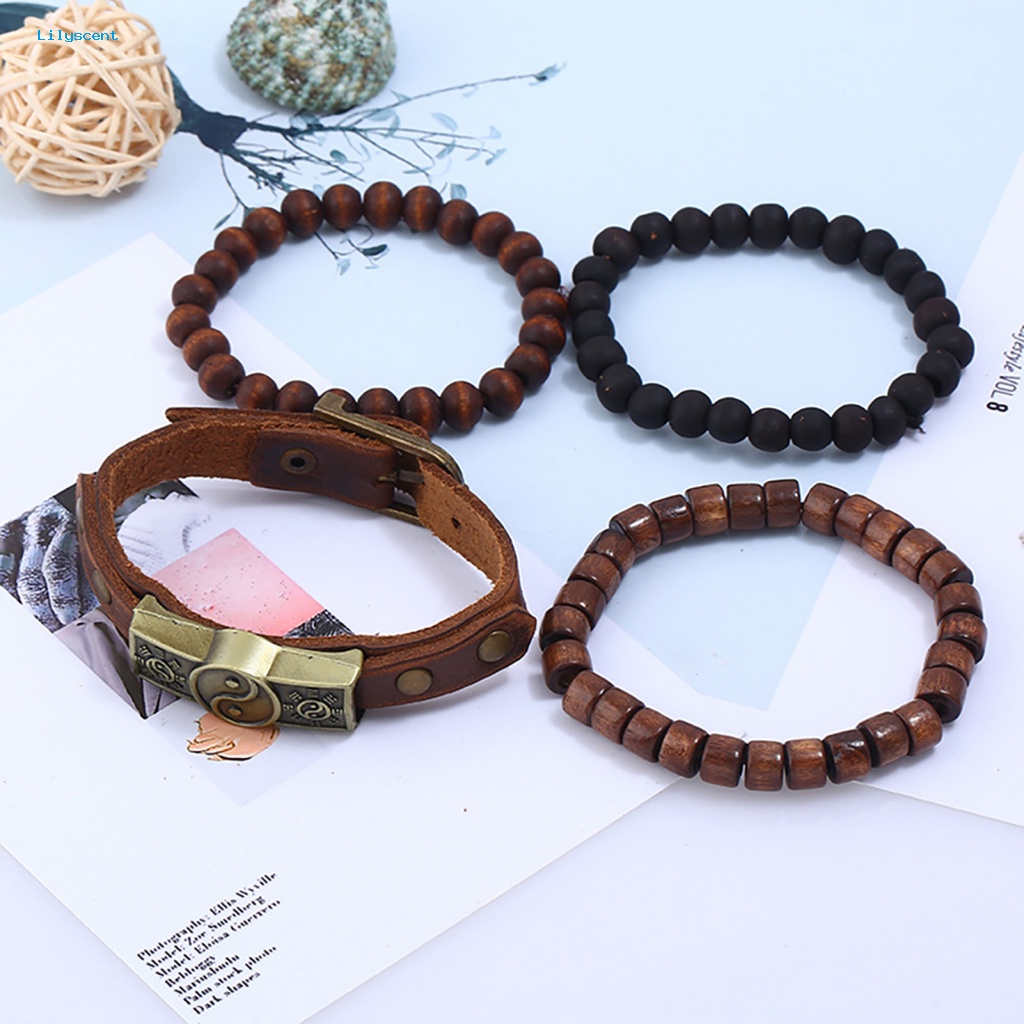 Lilyscent 4Pcs/Set Gelang Pesona Manik-Manik Keberuntungan Untuk Dekorasi Tai Chi Rantai Manik-Manik Kayu Vintage