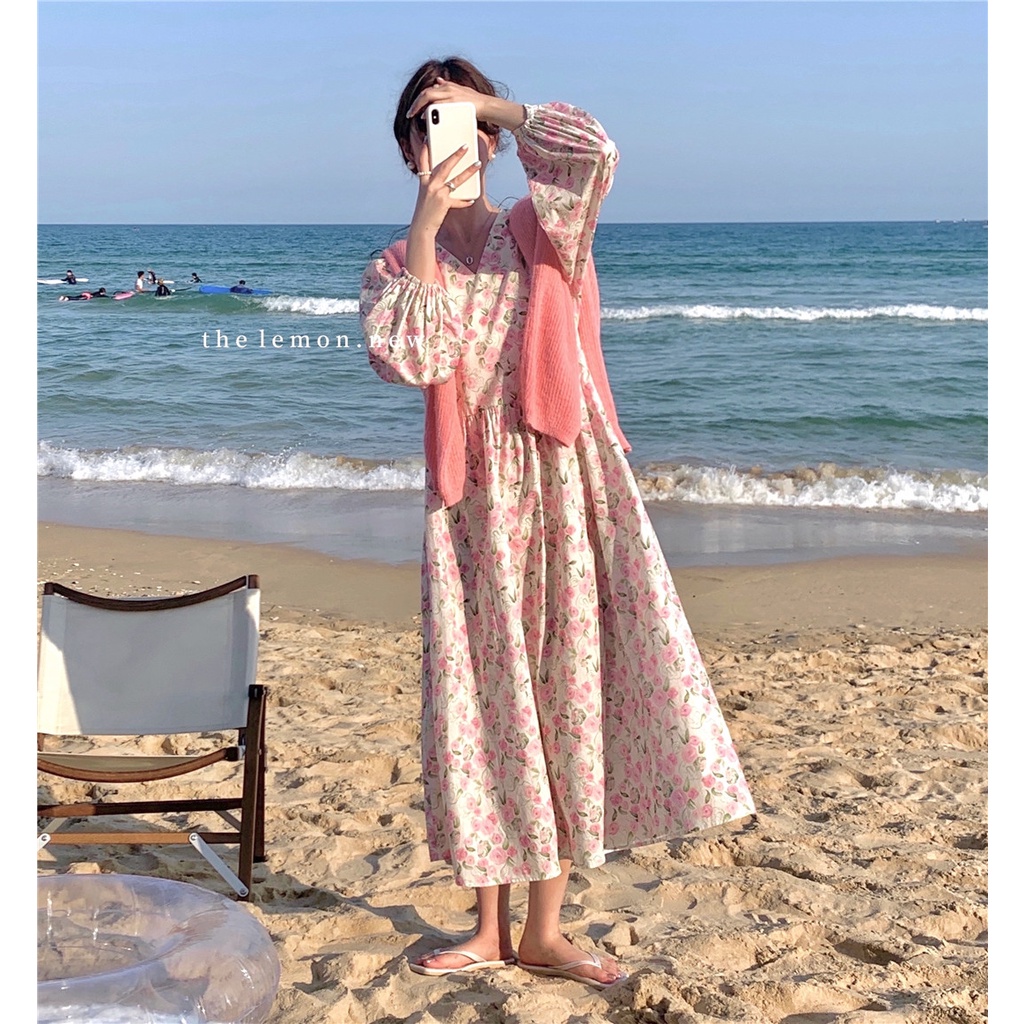 2023 early spring new V-neck waist bubble sleeve floral dress