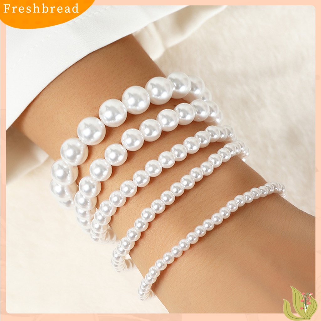 &lt; Freshbread &gt; 5Pcs Wanita Gelang Peregangan Multilayer Perhiasan Plastik Faux Pearl Beads Bracelet Pernikahan