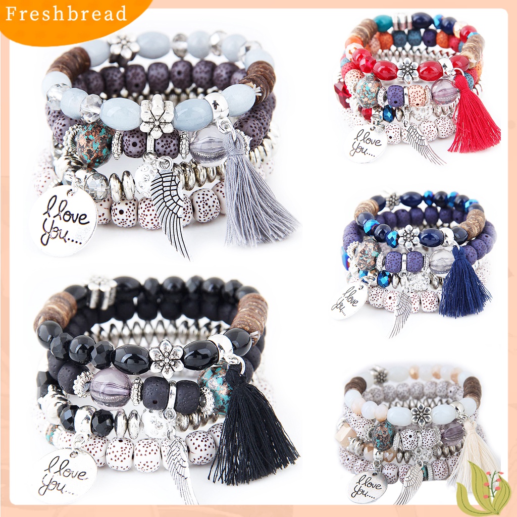 &lt; Freshbread &gt; 4Pcs/Set Gelang Manik-Manik Kayu Paduan Bergaya Yang Indah Menggemaskan Gelang Fashion Untuk Pesta