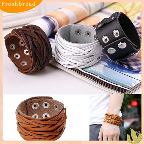 &lt; Freshbread &gt; Wanita Pria Gaya Punk Keren Kulit Bangle Rajut Manset Lebar Handmade Gelang