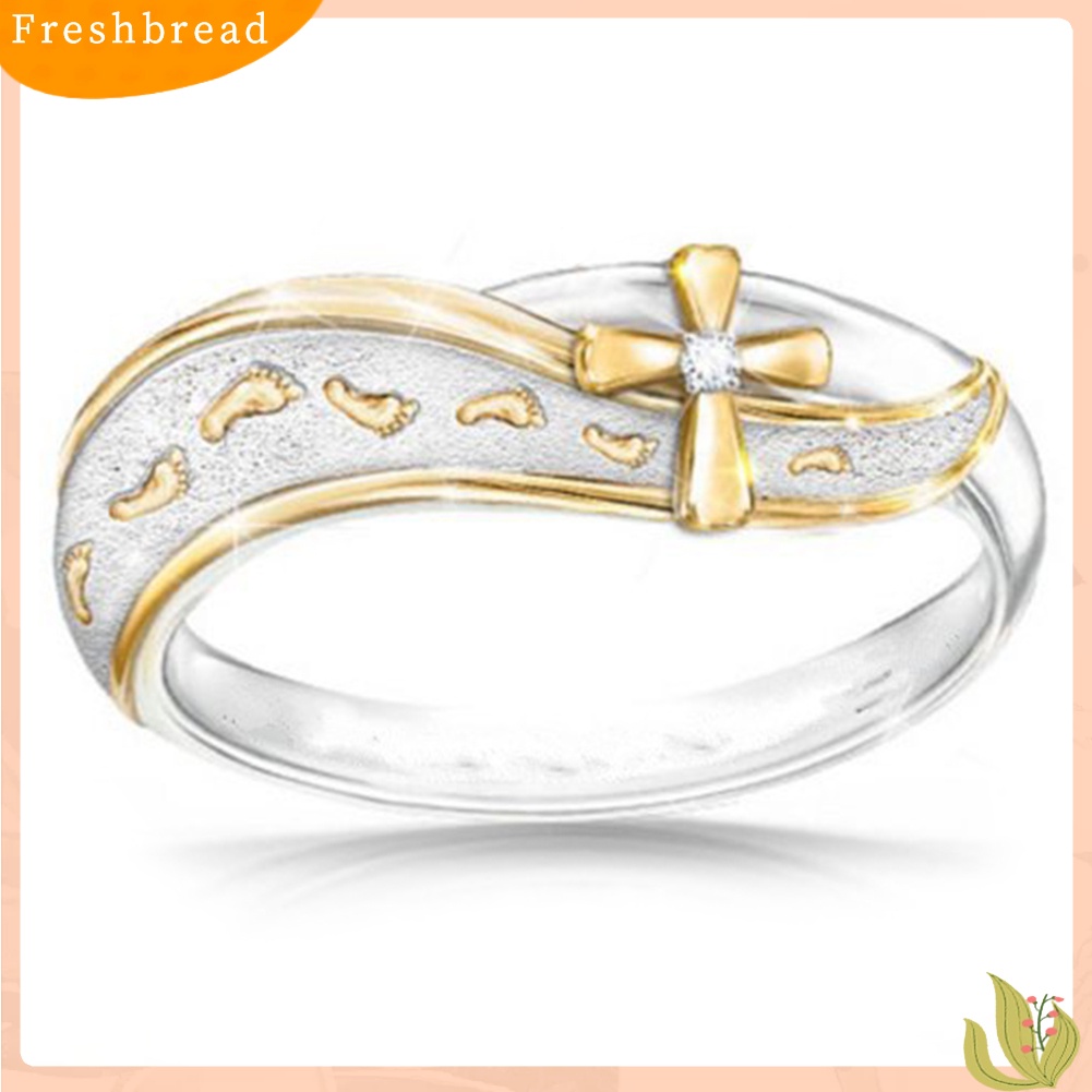 &lt; Freshbread &gt; Fashion Dua Warna Jejak Kaki Cross Sign Berlian Imitasi Wanita Jari Cincin Perhiasan