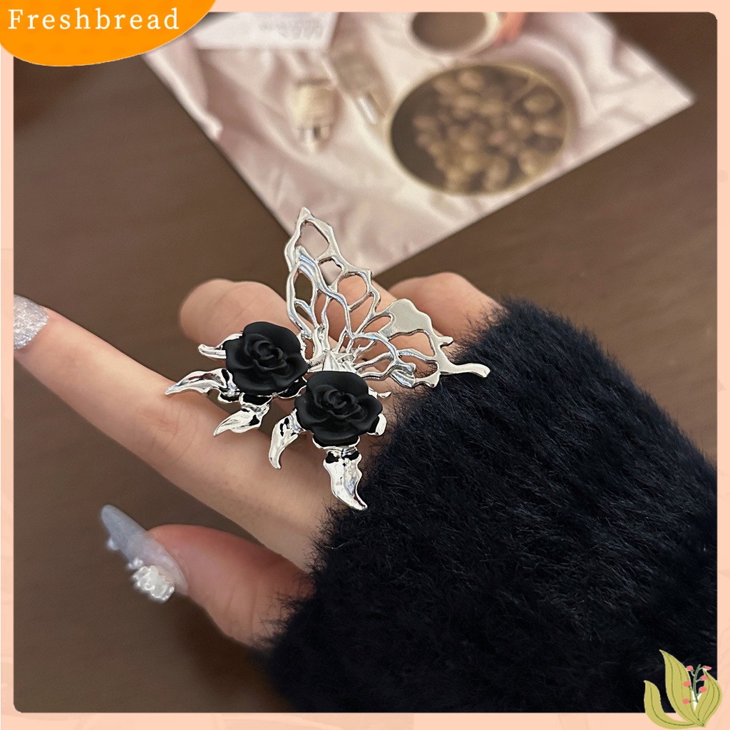 < Freshbread > Wanita Cincin Berlebihan Pembukaan Gothic Punk Tidak Teratur Hadiah Berlian Imitasi Berongga Kupu-Kupu Hitam Mawar Jari Cincin Perhiasan Fashion