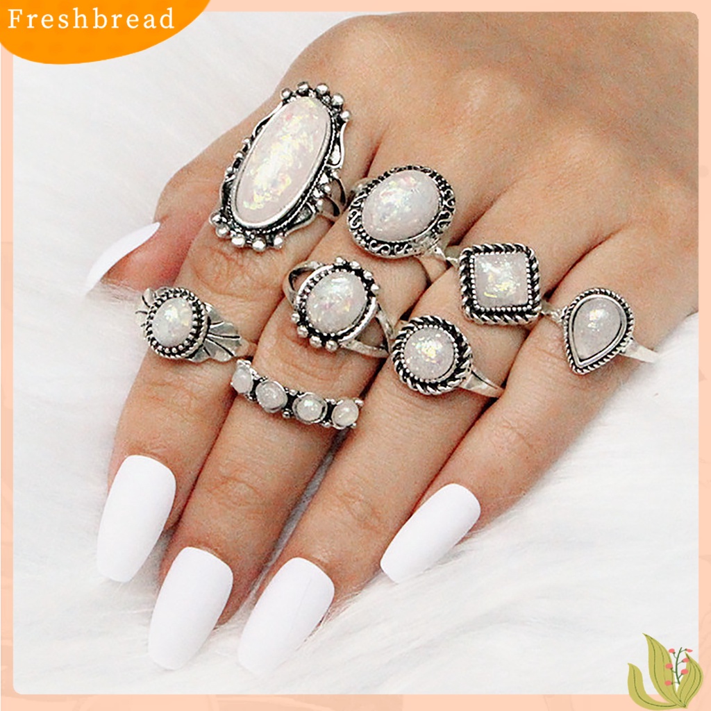 &lt; Freshbread &gt; 8Pcs/Set Cincin Buku Jari Dapat Ditumpuk Persegi Warna Perak Gaya Etnik Faux Permata Jari Rings Perhiasan Aksesori