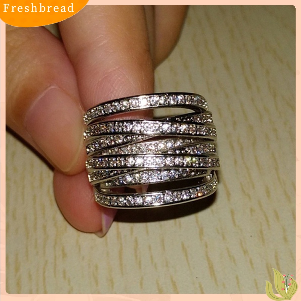 &lt; Freshbread &gt; Wanita Berlian Imitasi Bertatahkan Multilayer Cincin Jari Silang Perhiasan Pertunangan Pernikahan