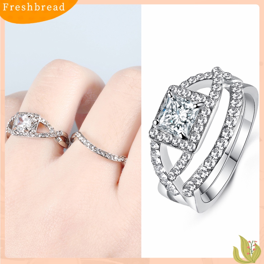&lt; Freshbread &gt; 2Pcs/Set Wanita Cincin Set Shiny Cubic Zirconia Sparkling Geometric Electroplated Surface Dekoratif Hadiah Wanita Fashion Stackable Rings Set Perhiasan Untuk Pernikahan
