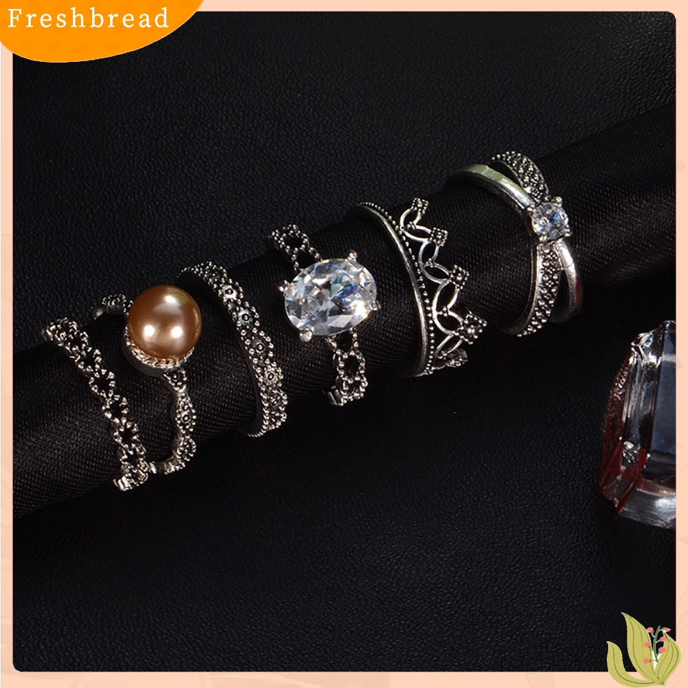 &lt; Freshbread &gt; 6 Pcs Retro Wanita Mutiara Imitasi Zirkon Mahkota Berongga Band Knuckle Midi Rings Perhiasan