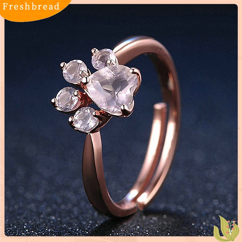 &lt; Freshbread &gt; Cute Paw Rhinestones Open Adjustable Finger Ring Ear Studs Wanita Hadiah Perhiasan