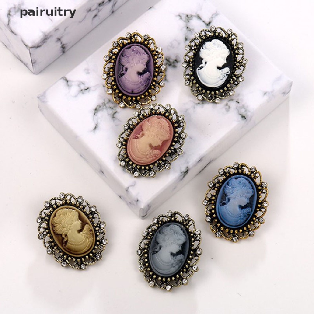 Prt Vintage Gothic Style Head Statue Cameo Brooch Bros Berlian Imitasi Untuk Wanita PRT