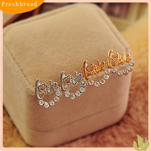 &lt; Freshbread &gt; Fashion Wanita Elegan Berlian Imitasi Mengkilap Cinta Surat Telinga Stud Anting Perhiasan