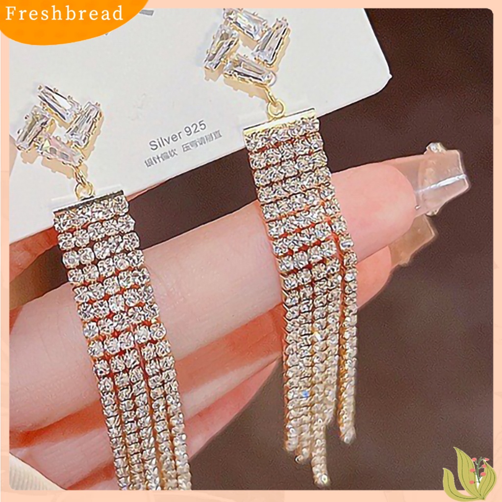 &lt; Freshbread &gt; 1pasang Anting Panjang Geometris Elegan Berlebihan Rantai Panjang Temperamen Bertatahkan Berlian Imitasi Anting Rumbai Panjang Aksesoris Fashion