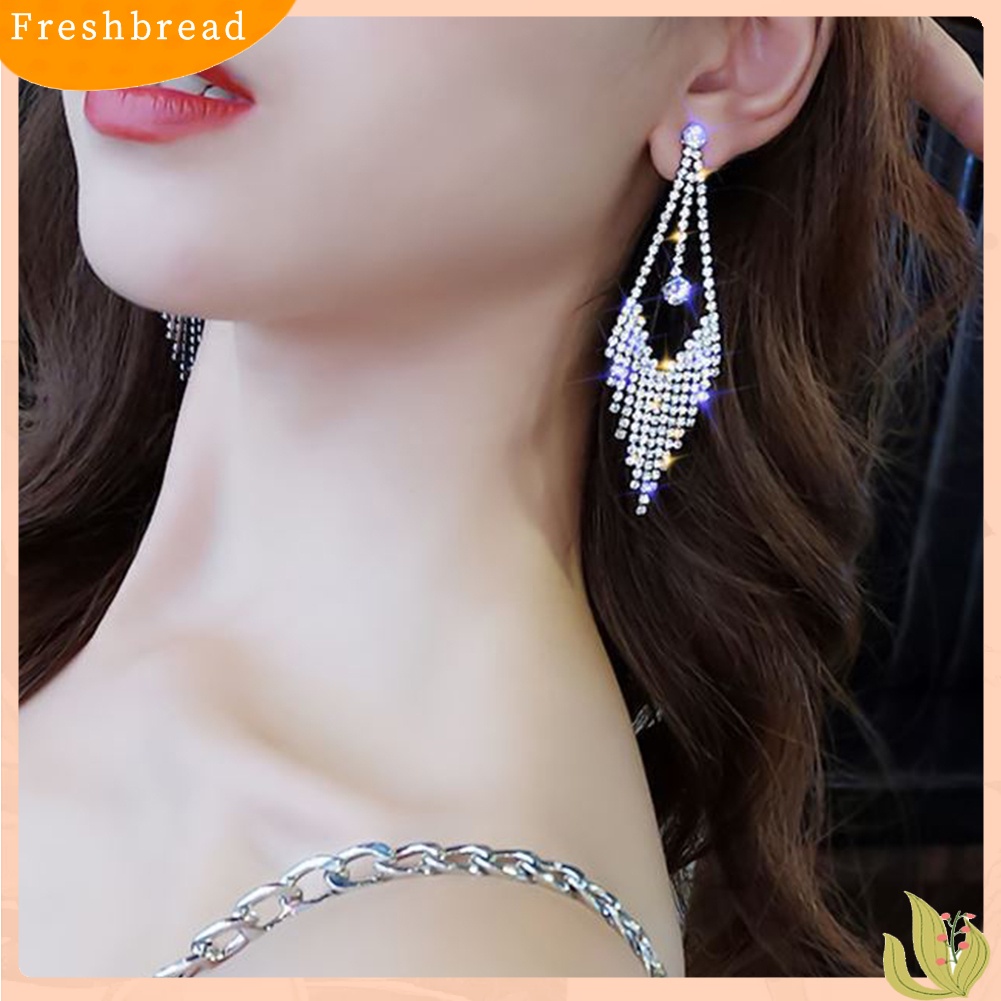 &lt; Freshbread &gt; Mewah Geometris Rumbai Berlian Imitasi Menjuntai Panjang Wanita Stud Earrings Perhiasan Hadiah