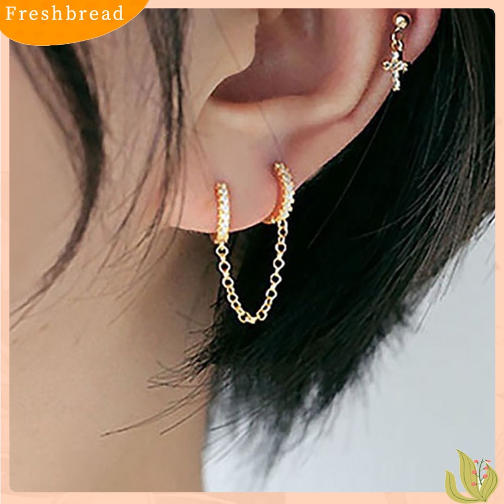 &lt; Freshbread &gt; 1pasang Anting Hoop Rantai Rumbai Cubic Zirconia Wanita Shiny Double Ear Piercing Lingkaran Earrings Perhiasan Aksesoris