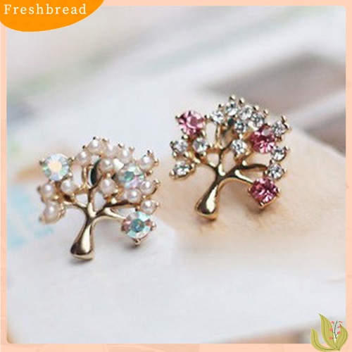 &lt; Freshbread &gt; Fashion Wanita Lucu Berlian Imitasi Mutiara Imitasi Bentuk Pohon Kecil Stud Earrings