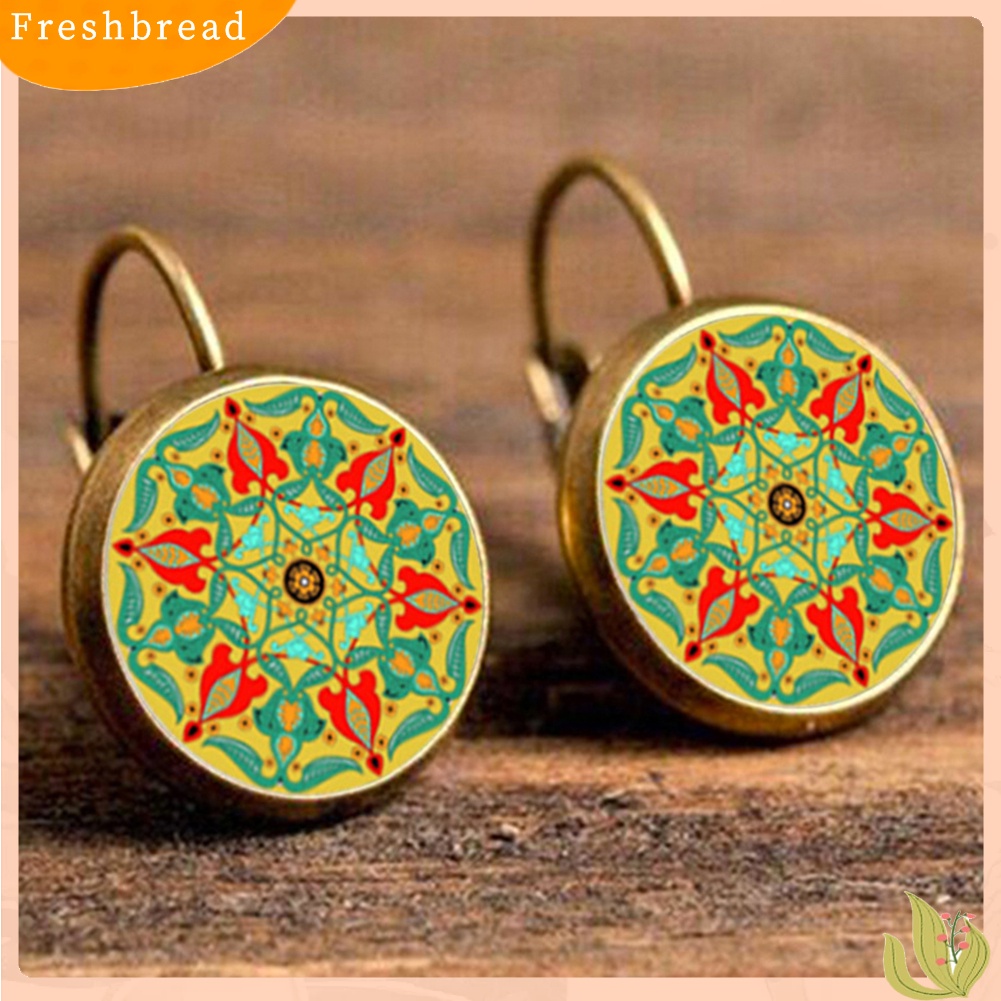 &lt; Freshbread &gt; Multicolor Mandala Bunga Lingkaran Faux Permata Ear Studs Wanita Leaverback Earrings