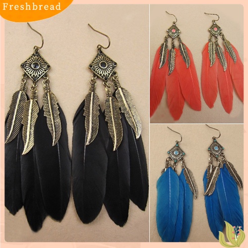 &lt; Freshbread &gt; Wanita Vintage Kreatif Daun Bulu Menjuntai Kait Anting Perhiasan Hadiah Pesta