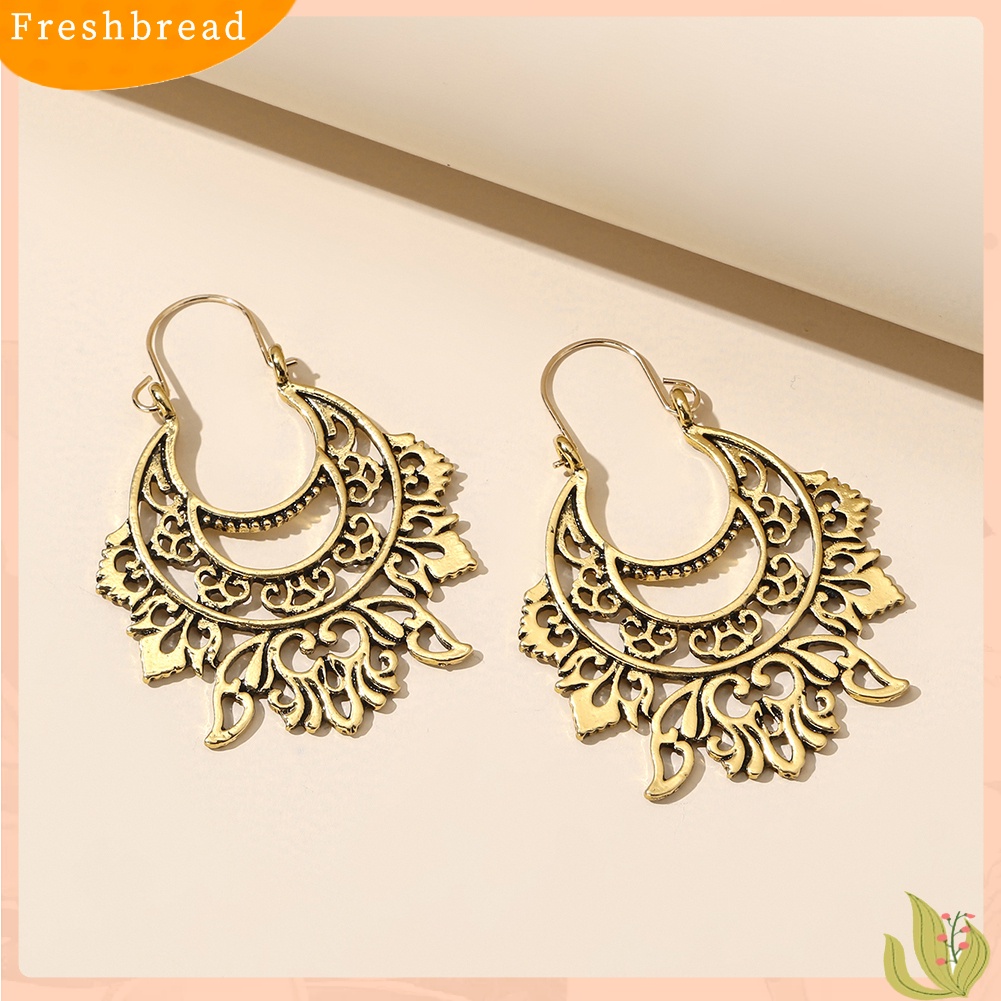 &lt; Freshbread &gt; Vintage Wanita Setengah Lingkaran Berlebihan Tindik Bunga Terukir Anting Perhiasan