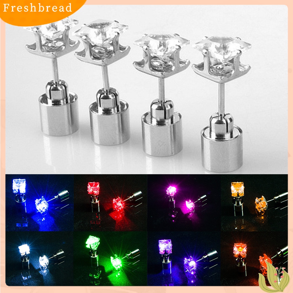 &lt; Freshbread &gt; 1Pc Anting Tusuk Wanita Cubic Zirconia LED Female Square Luminous Stud Earrings Untuk Pesta