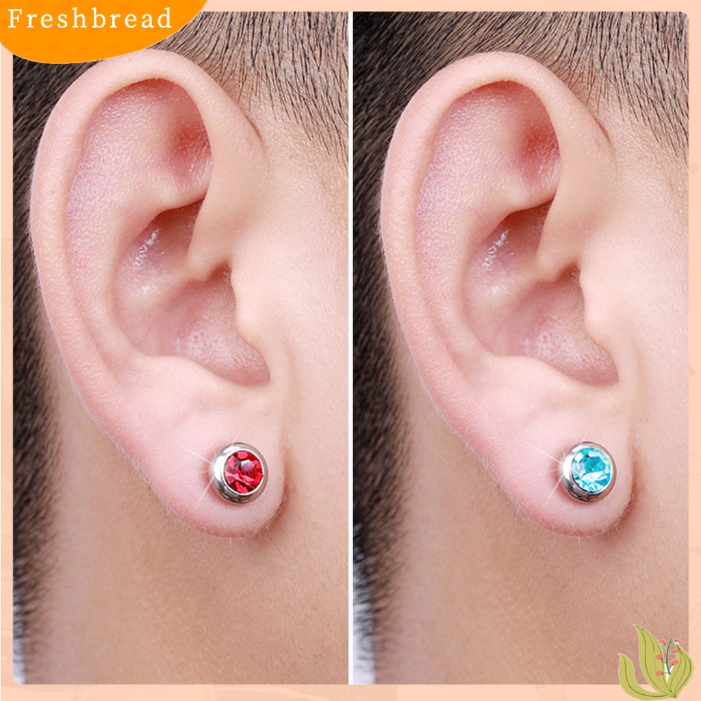 &lt; Freshbread &gt; 1pasang Ear Studs Non-Piercing ic Stainless Steel Bulat Berwarna Berlian Imitasi Tertanam Pria Wanita Anting-Anting Fashion Perhiasan