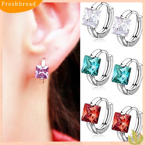 &lt; Freshbread &gt; Anting Huggie Wanita Kotak Bersinar Cubic Zirconia Silver Plated Eardrop Masa Kini