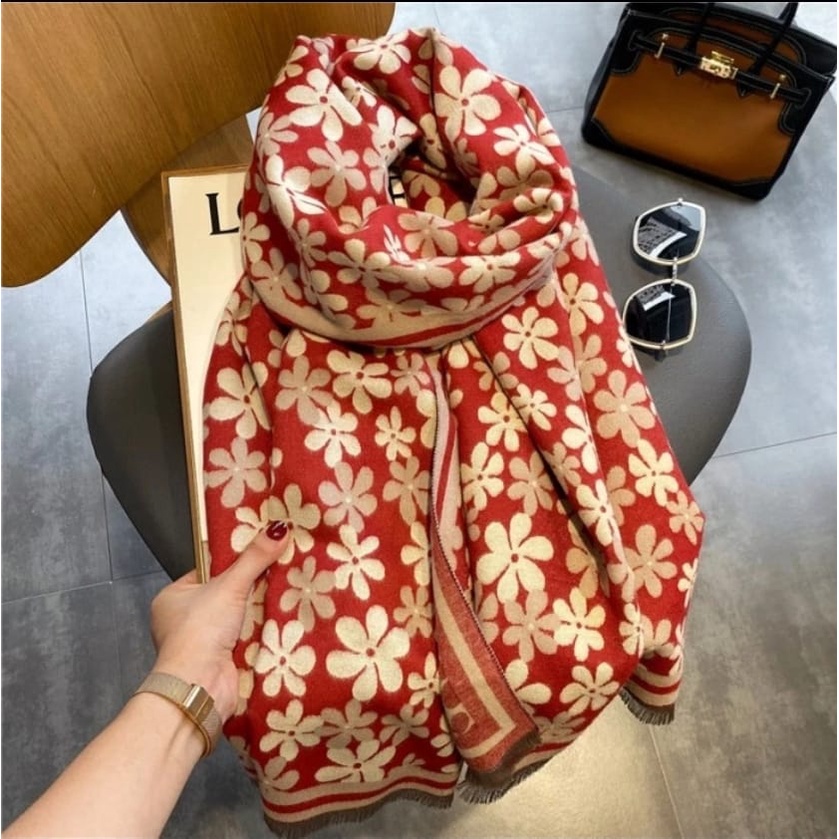 IMPORT WOMAN KIDS FLOWERY WINTER LONG SCARF SHAWL WOOL CASHMERE SYAL SELENDANG PASHMINA PANJANG WANITA MUSIM DINGIN