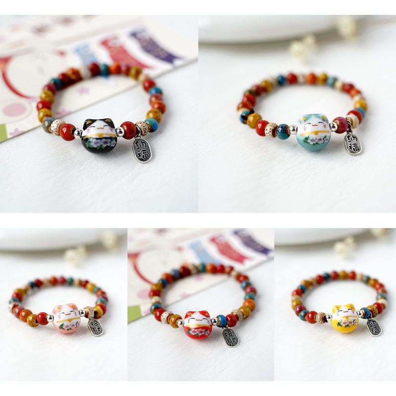 Lucky Cat Stone Beads Bracelet Bangles Sederhana Manis Gelang Keramik Untuk Wanita Gadis Hadiah Ulang Tahun Perempuan Pesona Perhiasan