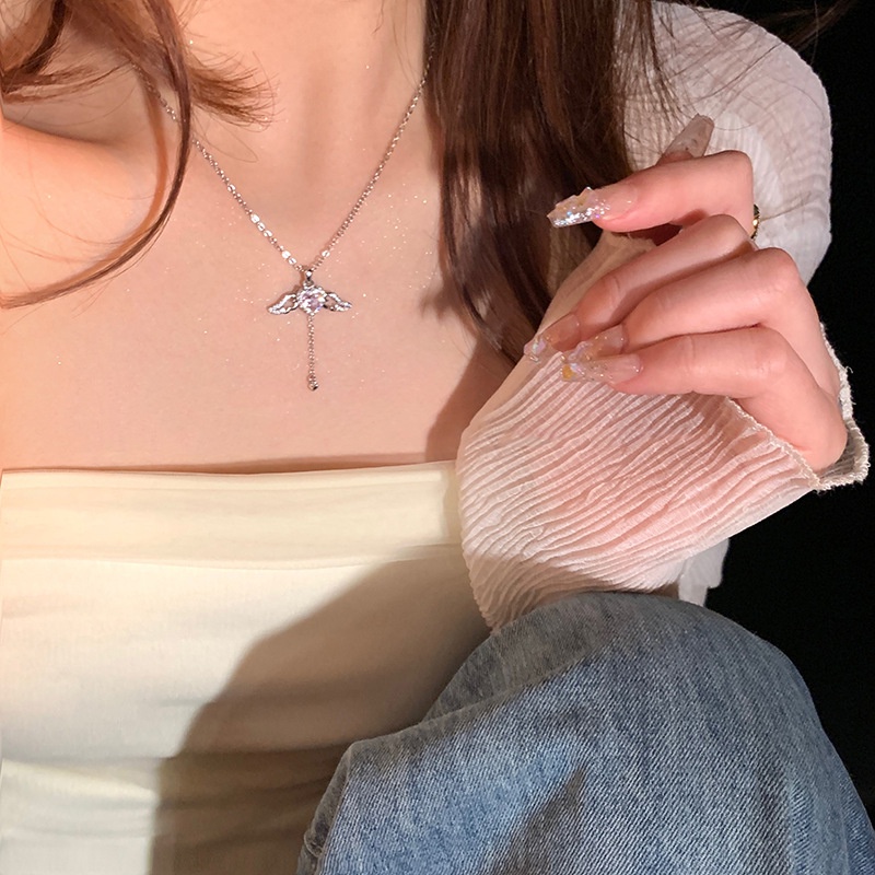 Cupid Pink Zirkon Cinta Kalung Korea Indah Berlian Sayap Malaikat Kalung Fashion Wanita Korea Necklace