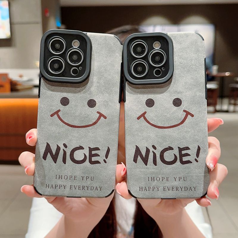 Retro suede Soft Case iP iPhone 7 8 Plus SE 2020 X XR XS Max 11 12 13 14 Pro Max 14 Plus Phone Case Camera Protect Gray Grey Happy Smile Nice