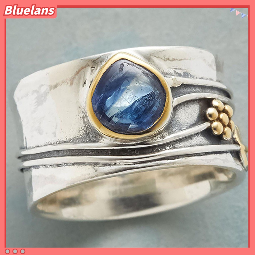 {In Stock} Cincin Vintage Two-tone Sederhana Statement Biru Permata Imitasi Daun Bunga Jari Cincin Perhiasan Aksesoris