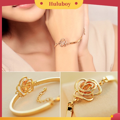 {Ready Stock} Wanita Emas Bunga Kristal Mawar Bangle Cuff Rantai Gelang Chic Perhiasan Hadir