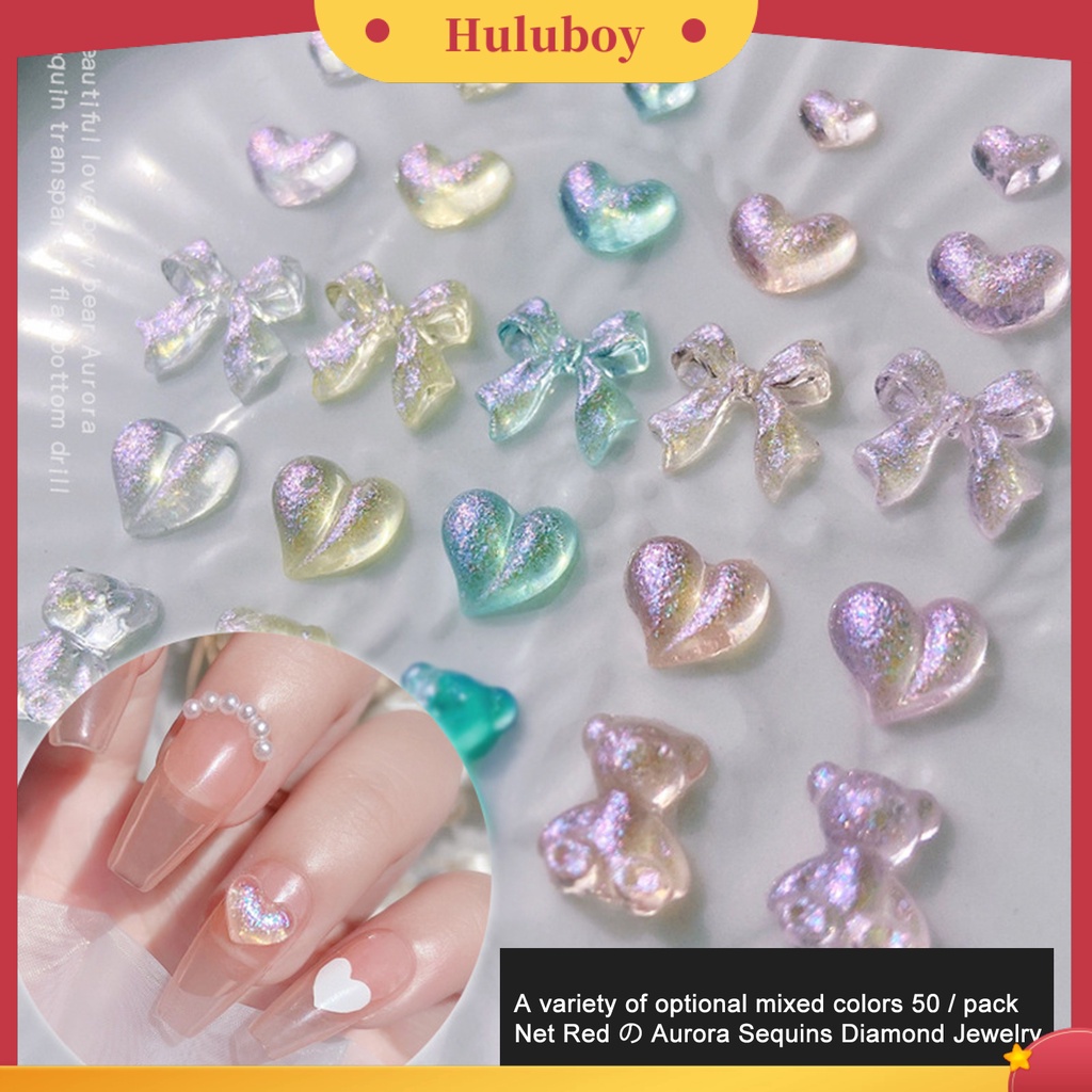 {In Stock} 50Pcs/Pack Dekorasi Nail Art Cinta Hati Busur-Simpul Beruang Indah Manicure Aksesoris Berwarna Transparan Kuku Resin Pesona Perlengkapan Kuku