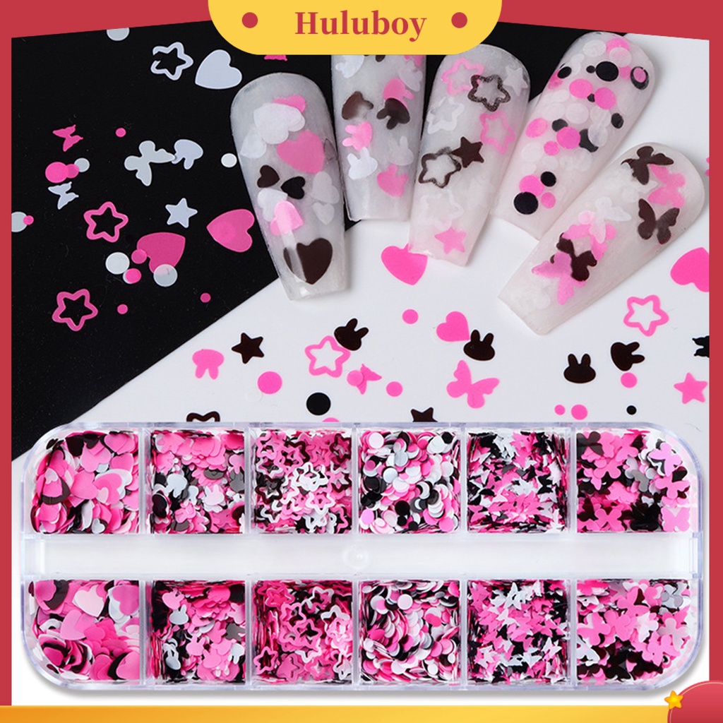 {In Stock} 1kotak Nail Art Payet Bersinar Gloss DIY Mixing Colors 12kisi Manicure Heart Rabbit Star Round Butterfly Glitter Manicure Store Supply