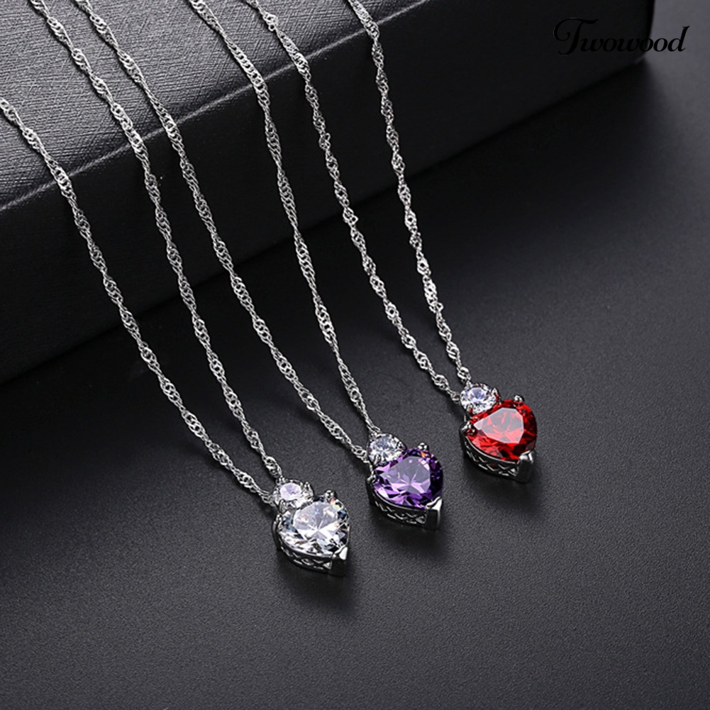 Twowood Lady Shiny Cubic Zirconia Cinta Hati Liontin Kalung Stud Earrings Set Perhiasan