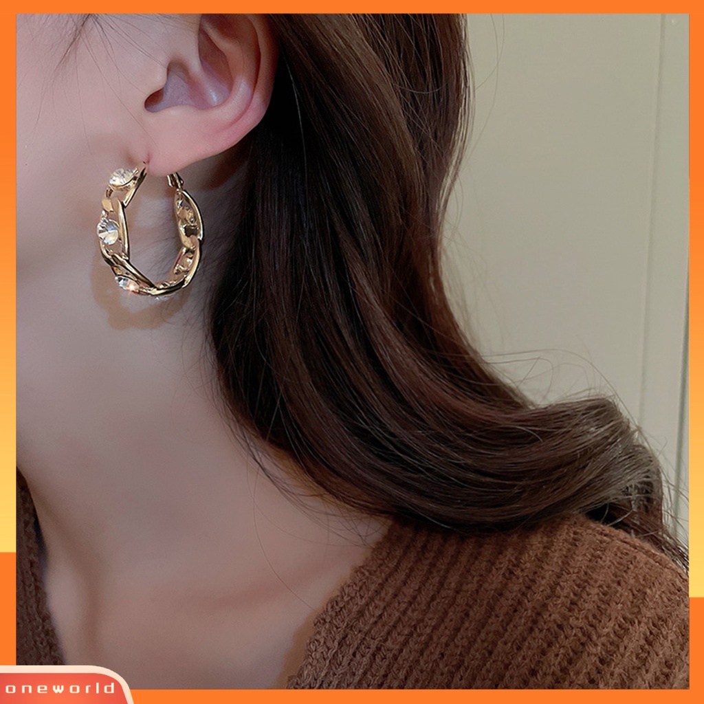 [OWR] 1pasang Lingkaran Anting Tindik Geometris Berlian Imitasi Bertatahkan Temperamen High-end Telinga Dekorasi Jarum Perak Wanita Besar Hoop Earrings Aksesoris Pakaian