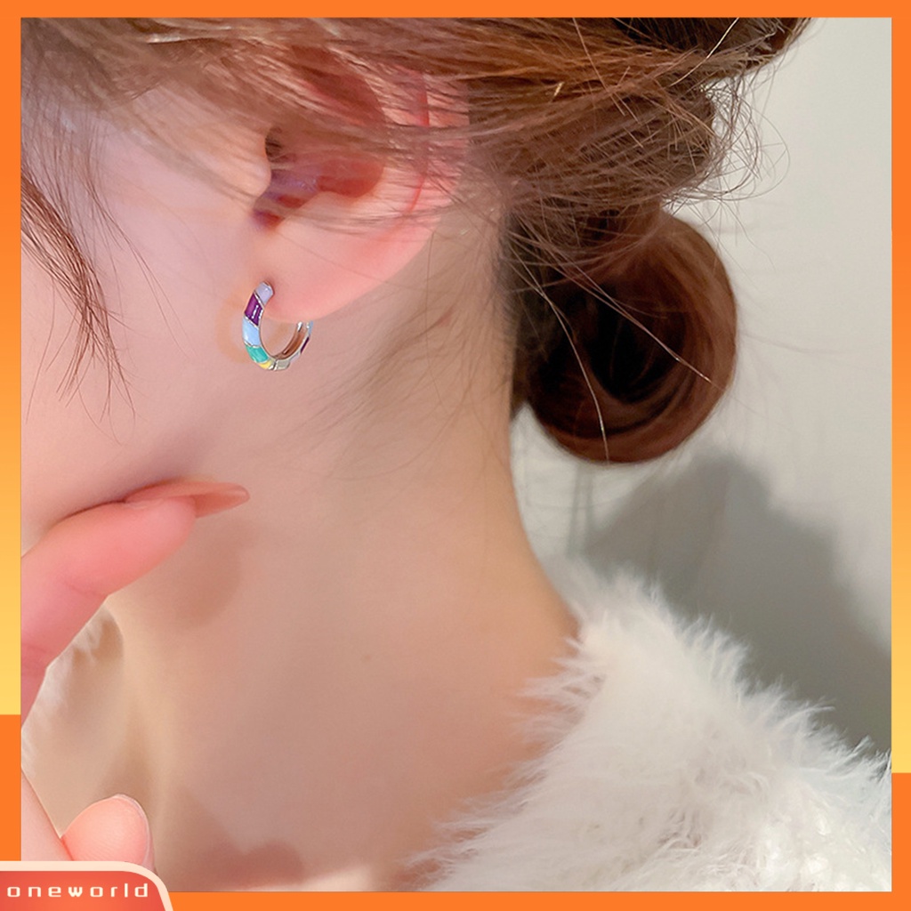 [OWR] 1pasang Anting Stud Warna Kontras Enamel High Gloss Tahan Luntur Dekorasi Barang Fashion Tidak Alergi Rainbow Bulat Lingkaran Hoop Earrings Aksesori Perhiasan