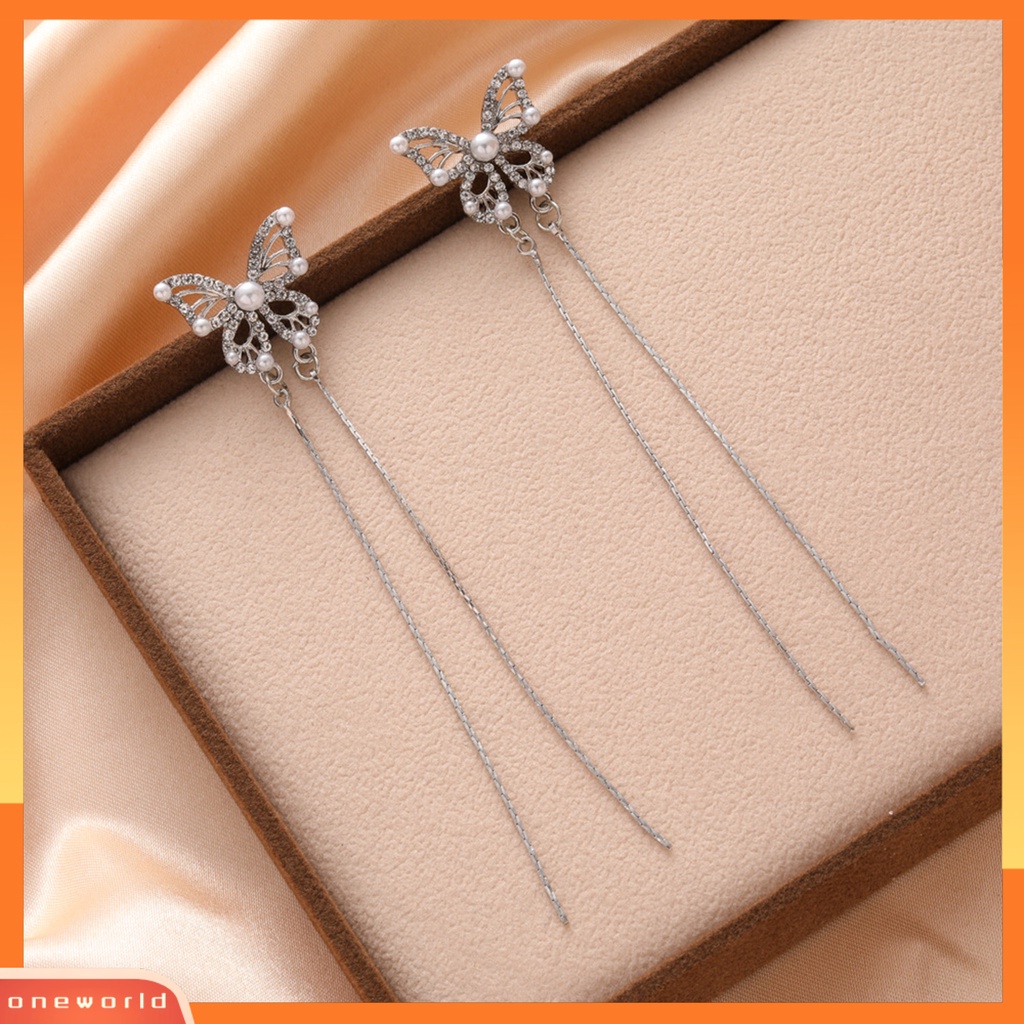 [OWR] 1pasang Drop Earrings Geometris Berlebihan Temperamen Hias Mengkilap Berdandan Elegan Klasik Berlian Imitasi Kupu-Kupu Rumbai Anting Perhiasan Fashion
