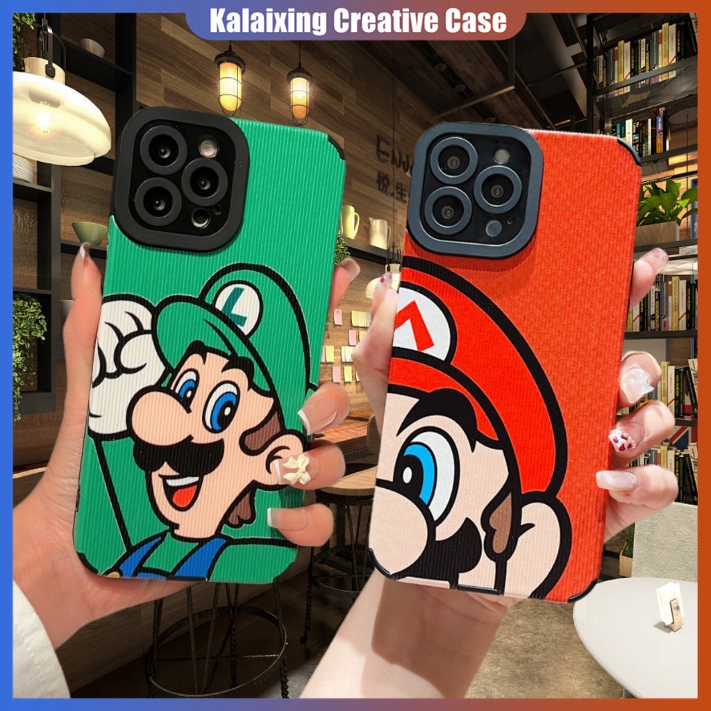 Soft Case Kotak Kulit Priting Mario Hijau Untuk iPhone 14 Pro Max13 12 Pro Max X XR Xs Max7 8 Plus14 Plus Casing Stripe