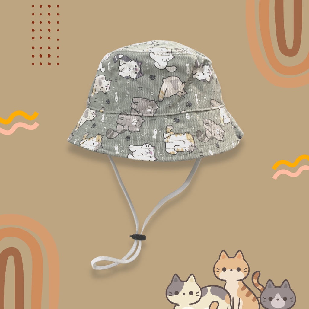 Cuci Gudang  Topi Bucket Anak Dan Balita Gambar Kucing Lucu Bahan Kanvas Premium Dengan Tali Usia