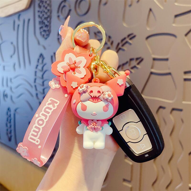 Hadiah Gadis Gantungan Kunci Pink Lucu 3D Sakura Hewan Warna Emas Mobil Rumah Gantungan Kunci Tas Ponsel Case Bluetooth Earphone Cover Charms Liontin Dengan Tali Anti Hilang